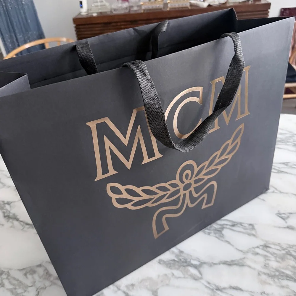 MCM Large Black Paper Shopping Bag Gold Logo Ribbon Handles 20.5x16x8